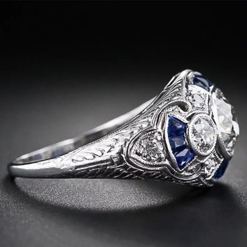 A 925 Sterling Art Deco Blue and White Sapphire Ring - Picture 5 of 16